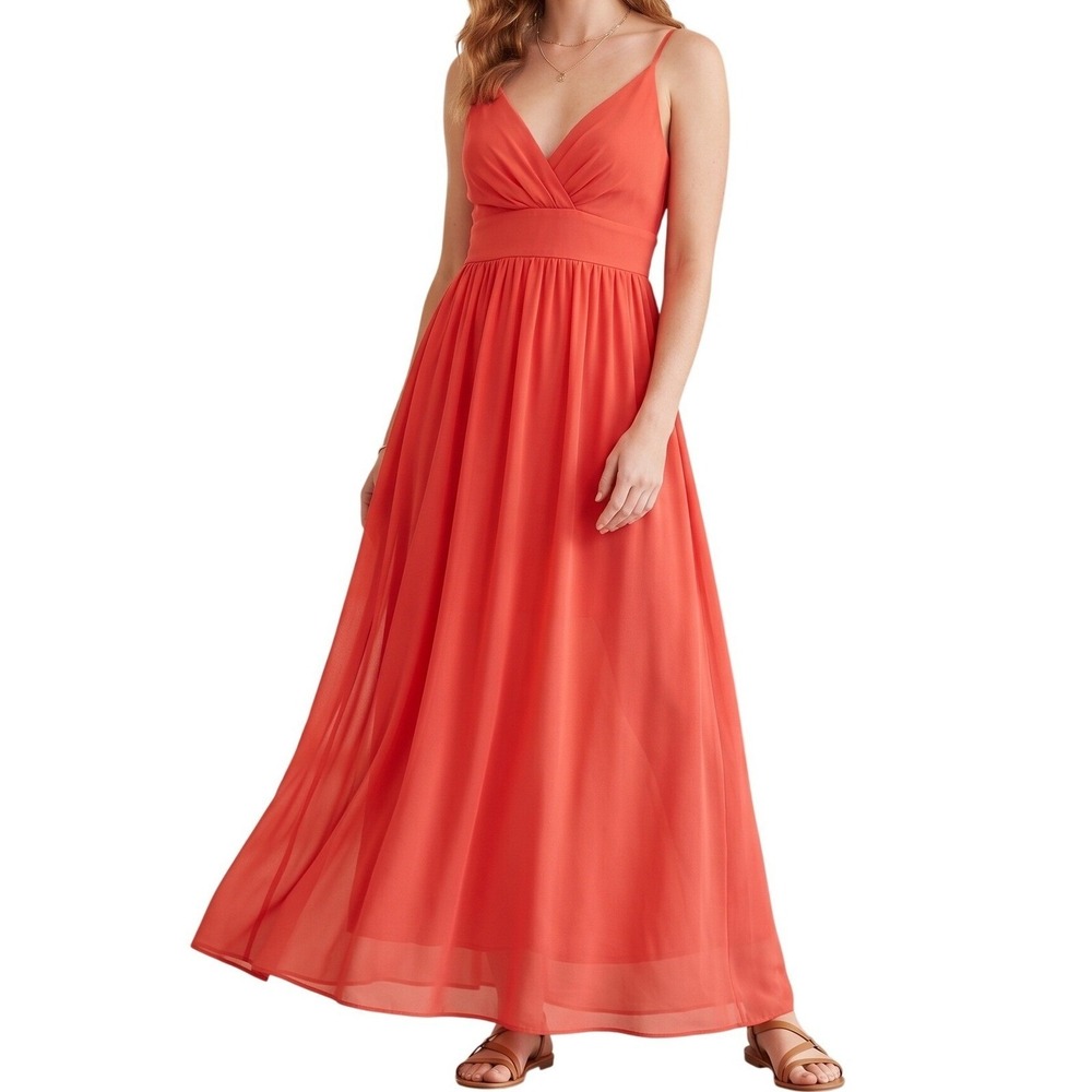 Babydoll Maxi Dress Size M Red Semi Sheer Strappy V Neck Empire Waist Slit Flowy